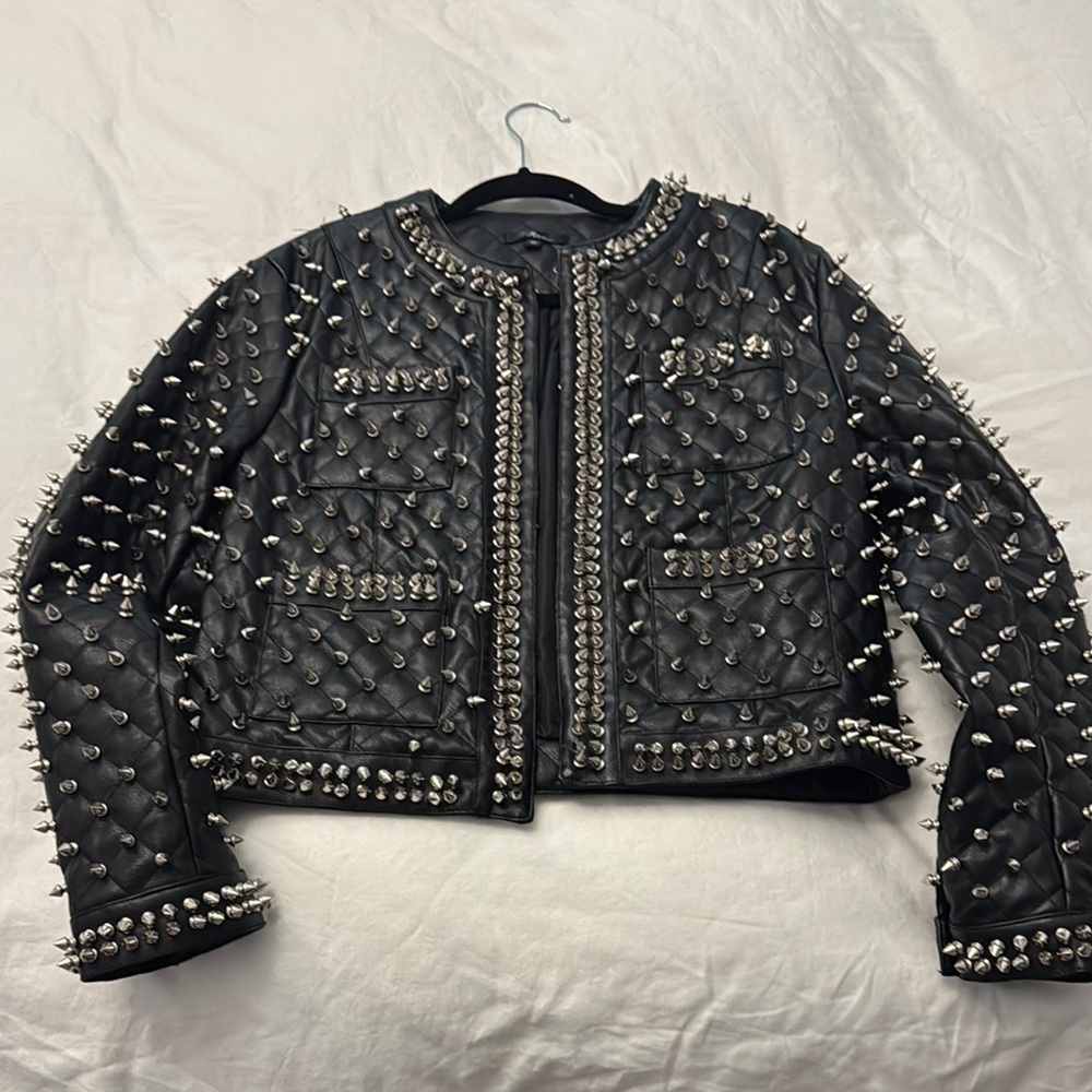 Black Leather Jacket with Studded Design and Cropped Style